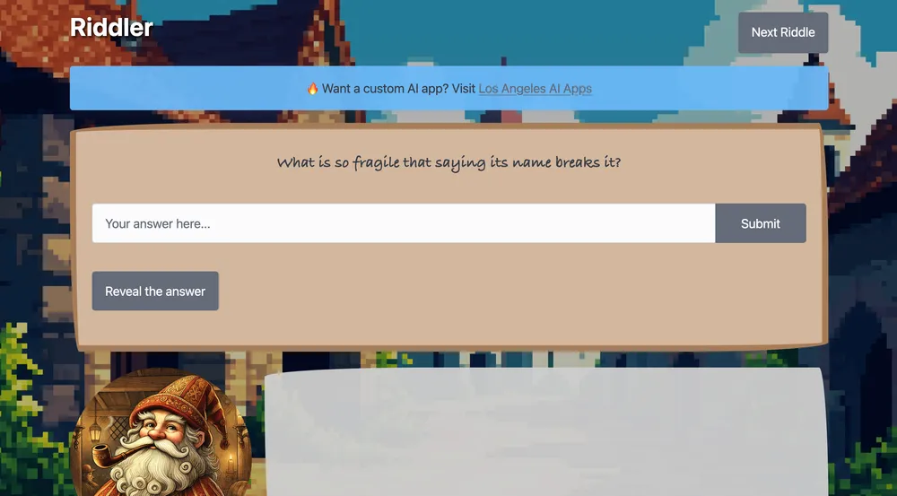 A screenshot of a custom web application concept, Riddler